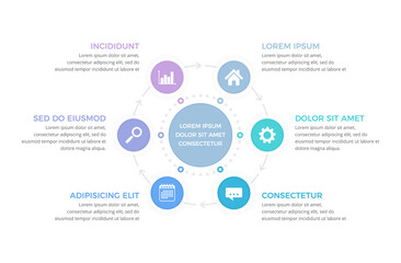 Circle diagram template with six steps or options, process infographics