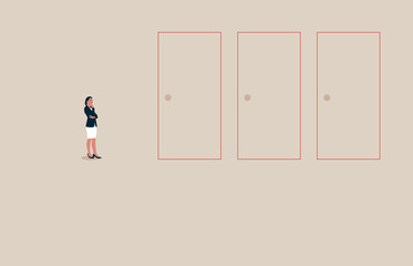Wall Mural - business gender discrimination in career. woman standing in front of closed doors.