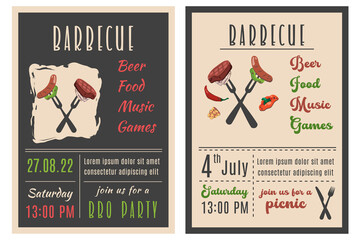 Barbecue party. Set of BBQ invitation in retro style. Summer barbecue picnic. Vintage bbq background with grill, steaks, meat food, vegetables, cutlery, text. Vector cartoon illustration.