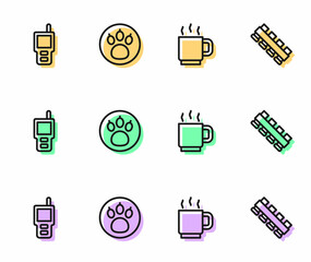 Poster - Set line Coffee cup, Walkie talkie, Paw search and Hunting cartridge belt icon. Vector