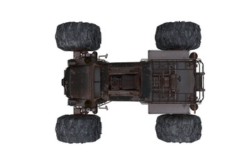 Poster - Overhead view of black futuristic post apocalyptic off road car with monster wheels. 3d Rendering isolated on white with clipping path.