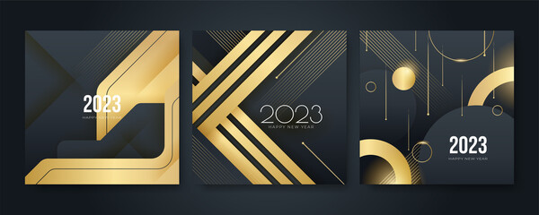 Happy new 2023 year elegant gold text with light. Minimal text template on black background