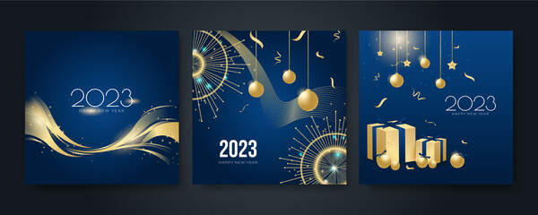 Poster - Happy new year 2023 square post card background for social media template. Blue and gold 2023 new year winter holiday greeting card template. Minimalistic trendy banner for branding, cover, card.