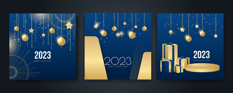 happy new year 2023 square post card background for social media template. blue and gold 2023 new ye