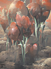 Red Tulips With Red Background