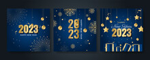 Happy New Year 2023 Square Post Card Background For Social Media Template. Blue And Gold 2023 New Year Winter Holiday Greeting Card Template. Minimalistic Trendy Banner For Branding, Cover, Card.
