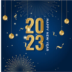 Poster - Happy new year 2023 square post card background for social media template. Blue and gold 2023 new year winter holiday greeting card template. Minimalistic trendy banner for branding, cover, card.
