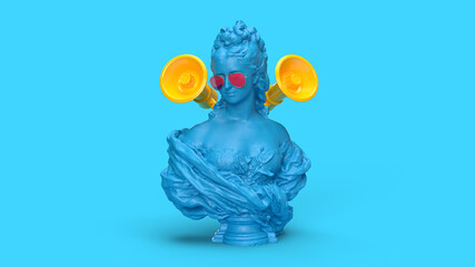 3d render blue yellow background marketing ad promotion antique sculpture of a woman and two megaphones behind her back