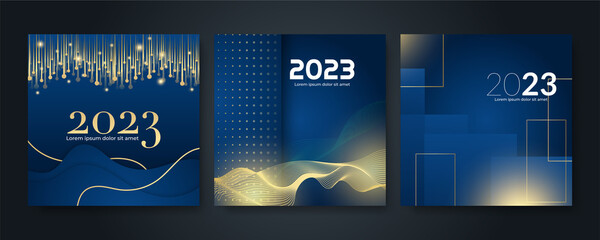 Poster - Happy new year 2023 square post card background for social media template. Blue and gold 2023 new year winter holiday greeting card template. Minimalistic trendy banner for branding, cover, card.