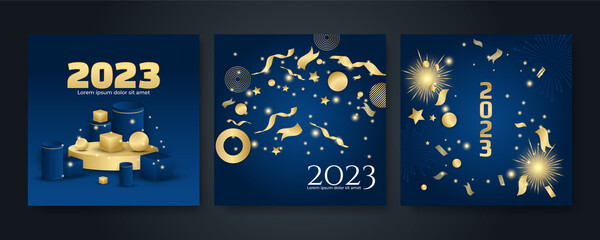 Happy new year 2023 square post card background for social media template. Blue and gold 2023 new year winter holiday greeting card template. Minimalistic trendy banner for branding, cover, card.