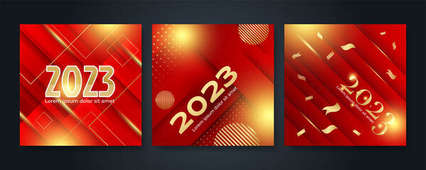 Happy new year 2023 square post card background for social media template. Red and gold 2023 new year winter holiday greeting card template. Minimalistic trendy banner for branding, cover, card.