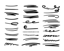 Handmade Lines Set, Brush Lines, Underlines. Hand-drawn Collection Of Doodle Style Various Shapes. Lettering Art Elements. Isolated. Vector Illustration