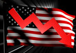 Red arrow and USA flag. American flying flag. Concept of environmental problems in US economy. Decreasing chart. Economic recession or depression. USA financial market. Red arrow down. 3d rendering.