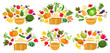 Vector set of healthy vegetables and fruits in basket.