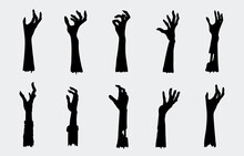 Silhouettes Of Zombie Hands Collection In A Rise Up Pose Isolated On White. Graphic Resource For Spirit, Halloween, And Fantasy.
