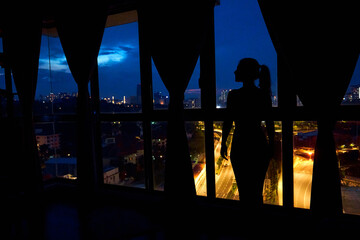 Wall Mural - The silhouette of a girl against a stained-glass window looks at the night city