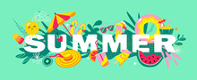 Summer Mood Vector Banner Template. Summer Banner With Elements Such As Sun, Fruits, Ice Cream, Umbrella, Beach Shoes And Palm Leaves.
