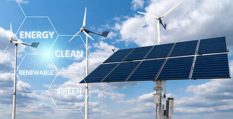 solar panels and wind turbines with infographics. clean renewable energy concept