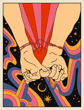 Love Relationships Retro Hippie Poster Or Card Design With Girlfriend And Boyfriend Holding Hands On Abstract Vintage Hippie Background. Vector Illustration