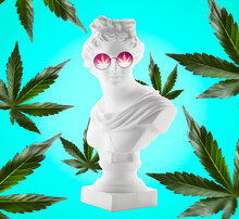 Collage Of Female Head Statuette With Pink Glasses On  Blue Background With Cannabis Leaf. Summer Smoke Weed Poster Concept.