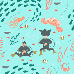 Wall Mural - Seamless pattern with underwater scene and Scuba diving people