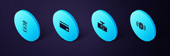 Canvas Print - Set Isometric Voice assistant, Car DVR, Credit card and Contactless payment icon. Vector