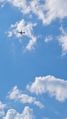 Wall Mural - The passenger airplane is flying far away in the blue sky and white clouds. Aircraft in the air. Light vertical background or illustration about international passenger air transportation