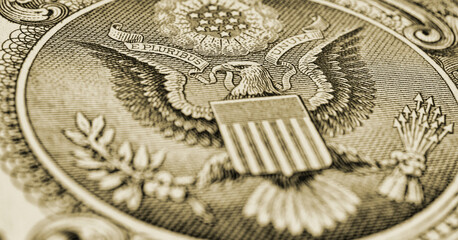 Wall Mural - 1 us dollar. fragment of banknote. reverse of bill with the great seal. the bald eagle is the nation