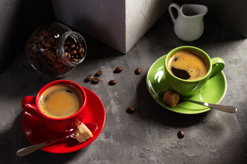 Poster - Cup of coffee and beans on table background. Break time coffee concept