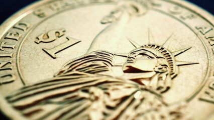 Wall Mural - fragment of american one dollar coin close up. statue of liberty and the sign of national currency. 