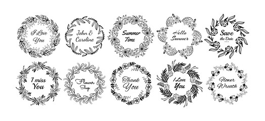 Poster - Circle flower wreath. Black floral frame elements with botanical leaf for nature spring cards, rustic wedding elegant decor. Herbs or blossoms, branches and flowers. Vector illustration set