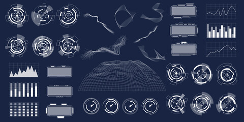 Aufkleber - HUD. Cyberpunk interface elements set. Techno, futuristic and scifi digital game. Box border with chart and dashboard. Circle or square cyber frame with arrow. Vector graphic background