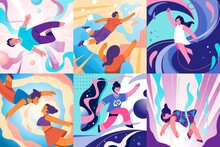 Flying People In Fantasy. New Space Explore Person On Abstract Universe. Man And Woman In Imagination Floating. Positive Girls And Guys In Different Poses. Vector Gravity Dream Character Set