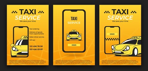 Aufkleber - Taxi poster. Car race service flyer or sport banner layout. Delivery ad promotion. Order automobile app. Cab drive brochures set. Smartphone application. Vector design yellow template