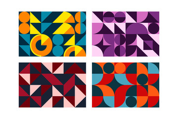 Poster - Geometric shape background. Abstract modern pattern with color circles and triangles, bright mural texture, minimalist grid and square. Horizontal backdrop set. Simple vector design