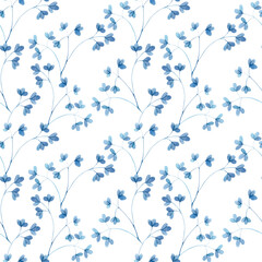 Watercolor seamless pattern with blue leaf twigs, small leaves on a white background. Botanical illustration for fabrics, dresses, interiors