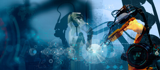 Leinwandbilder - Silhouette of business innovation industry future automation robot arms factory on smart city background.