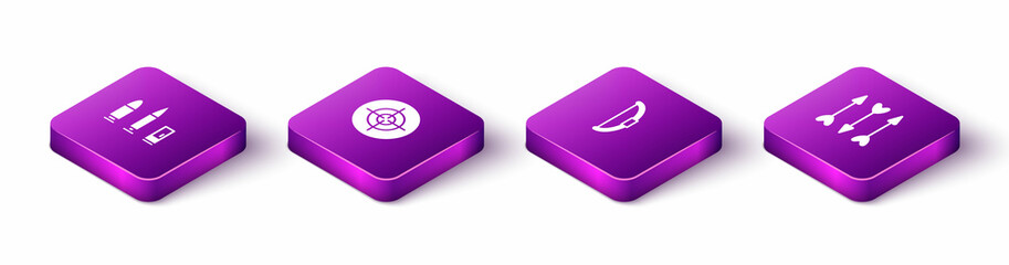 Sticker - Set Isometric Bullet and cartridge, Target sport, Bow and Hipster arrows icon. Vector