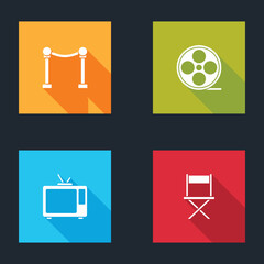 Poster - Set Rope barrier, Film reel, Retro tv and Director movie chair icon. Vector