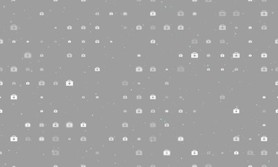 Poster - Seamless background pattern of evenly spaced white first aid symbols of different sizes and opacity. Vector illustration on gray background with stars