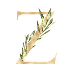 Watercolor Gold Olive Floral Alphabet letter Z with flowers. Feminine botanical Floral letter element for baby shower invite, Monogram for wedding, logo, frame art, poster, new baby name printable diy