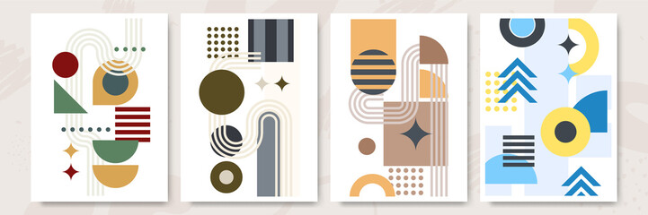 Wall Mural - Modern abstract geometric poster cover. Minimal retro boho bauhaus composition shapes design. Colorful geometric background. Vector illustration.
