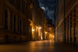 Fototapeta Londyn - Night street of the old European city of Halle (Saale) in Germany.