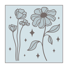 Wall Mural - Boho wildflowers vector design. Celestial magic florals. Mystical boho field flowers and stars