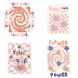 © Anna - Slogan prints with groovy flowers collection in 1970s style. Hippie aesthetic stickers for T-shirt, textile and fabric. Hand drawn vector illustration for decor and design.