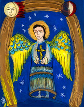 Icon Painted On Reverse Glass In The Naive Orthodox Style Of Eastern Europe Depicting A Guardian Angel. Child Painting.
