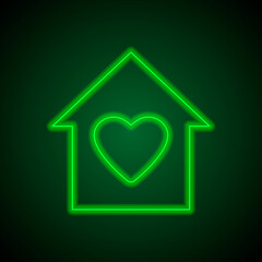 Wall Mural - Heart, house vector simple icon. Flat design. Green neon on black background with green light.ai