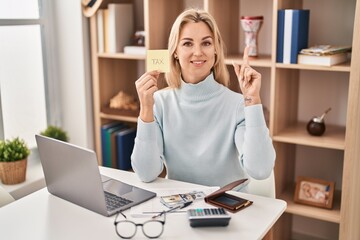 Sticker - Young caucasian woman calculating money savings surprised with an idea or question pointing finger with happy face, number one