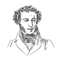 Black And White Portrait Of The Russian Poet, Playwright And Novelist A.S. Pushkin. Vector Drawing With Thin Strokes