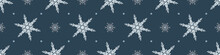 Christmas Frozen Snowflake Seamless Vector Border. Masculine Winter Snow Graphic Design For Wrapping Paper, Xmas, Frosty Banner. Holiday Hand Drawn December Star.